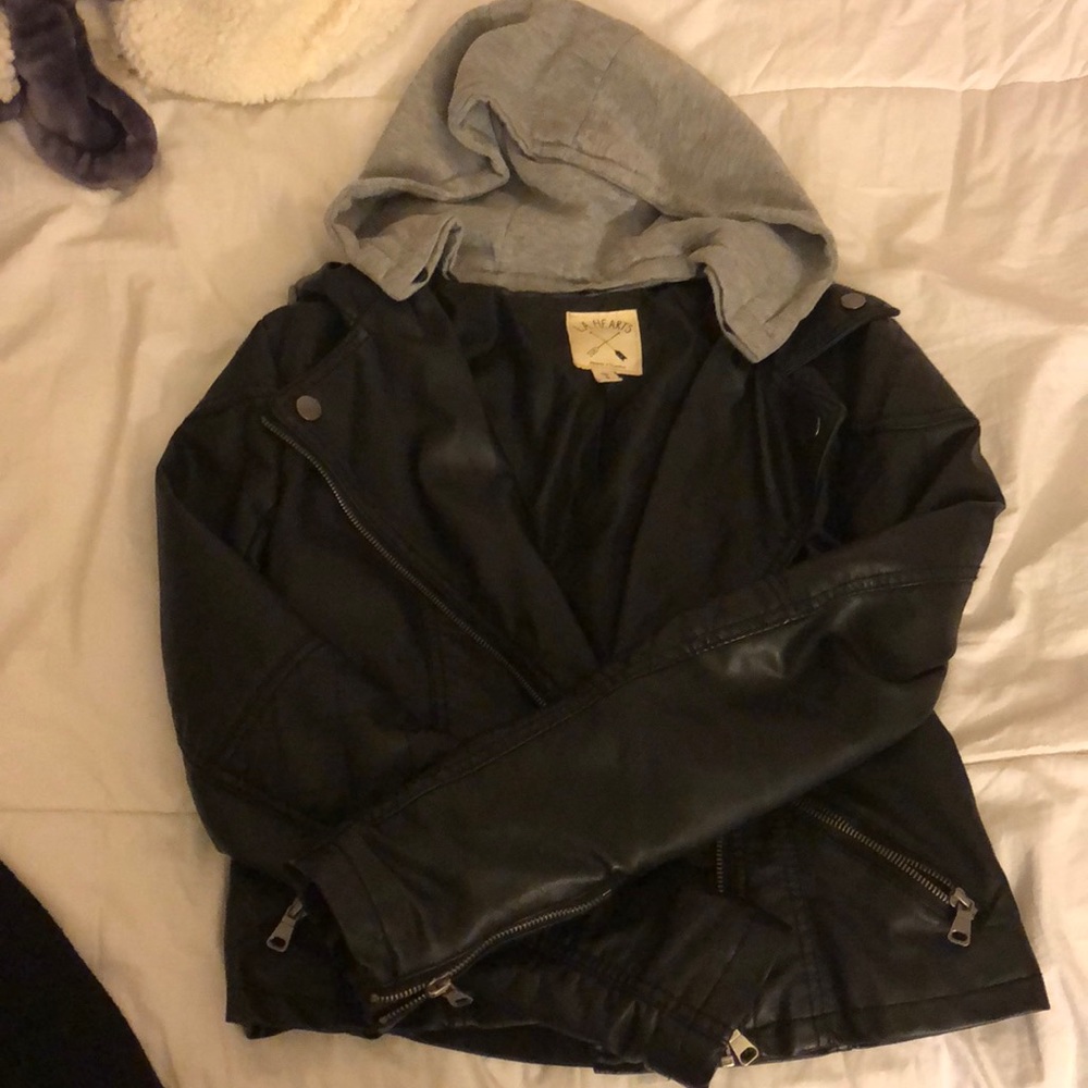 Black leather jacket with removable grey hoodie